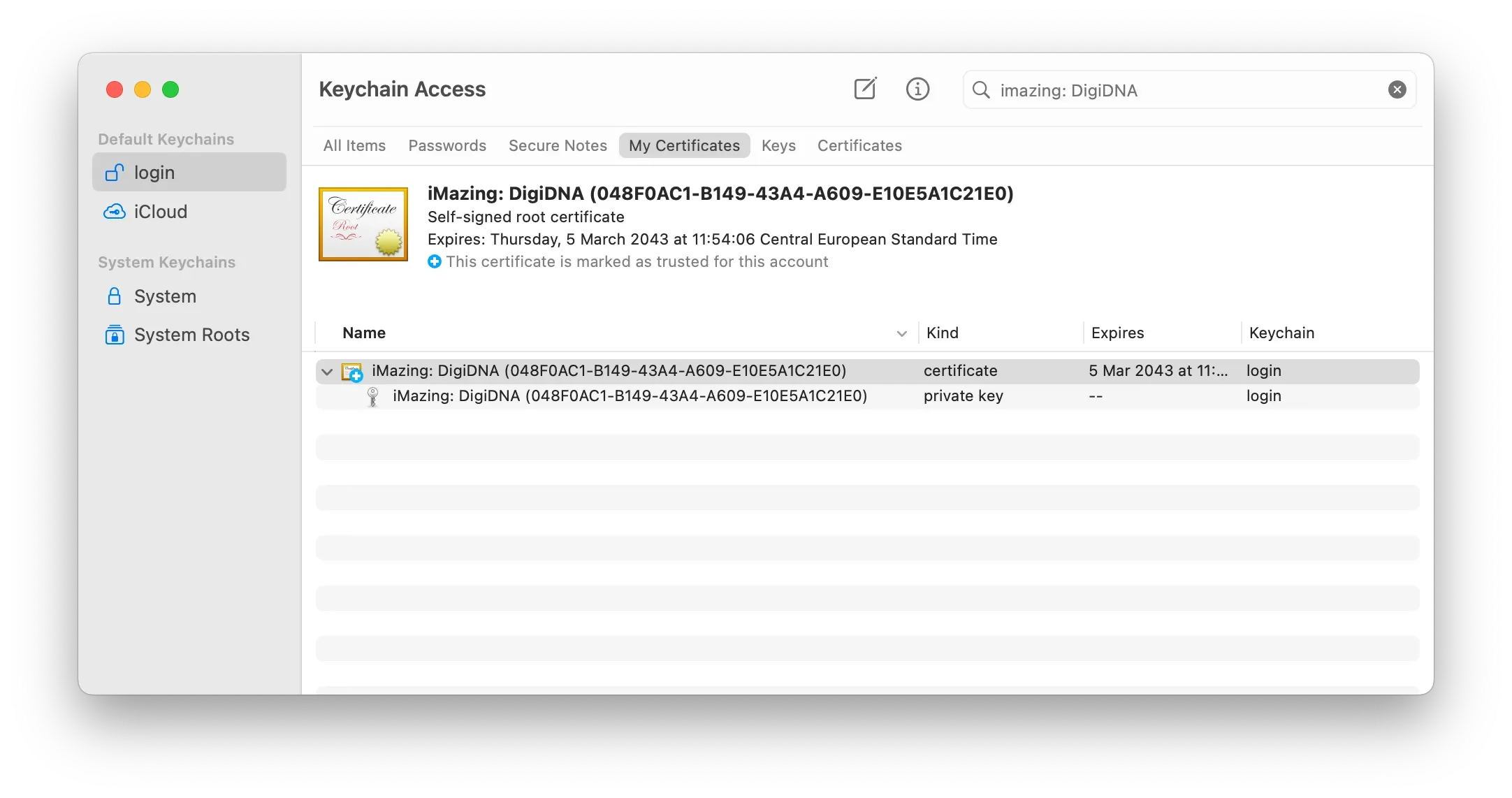 iMazing Supervision Identities in macOS Keychain