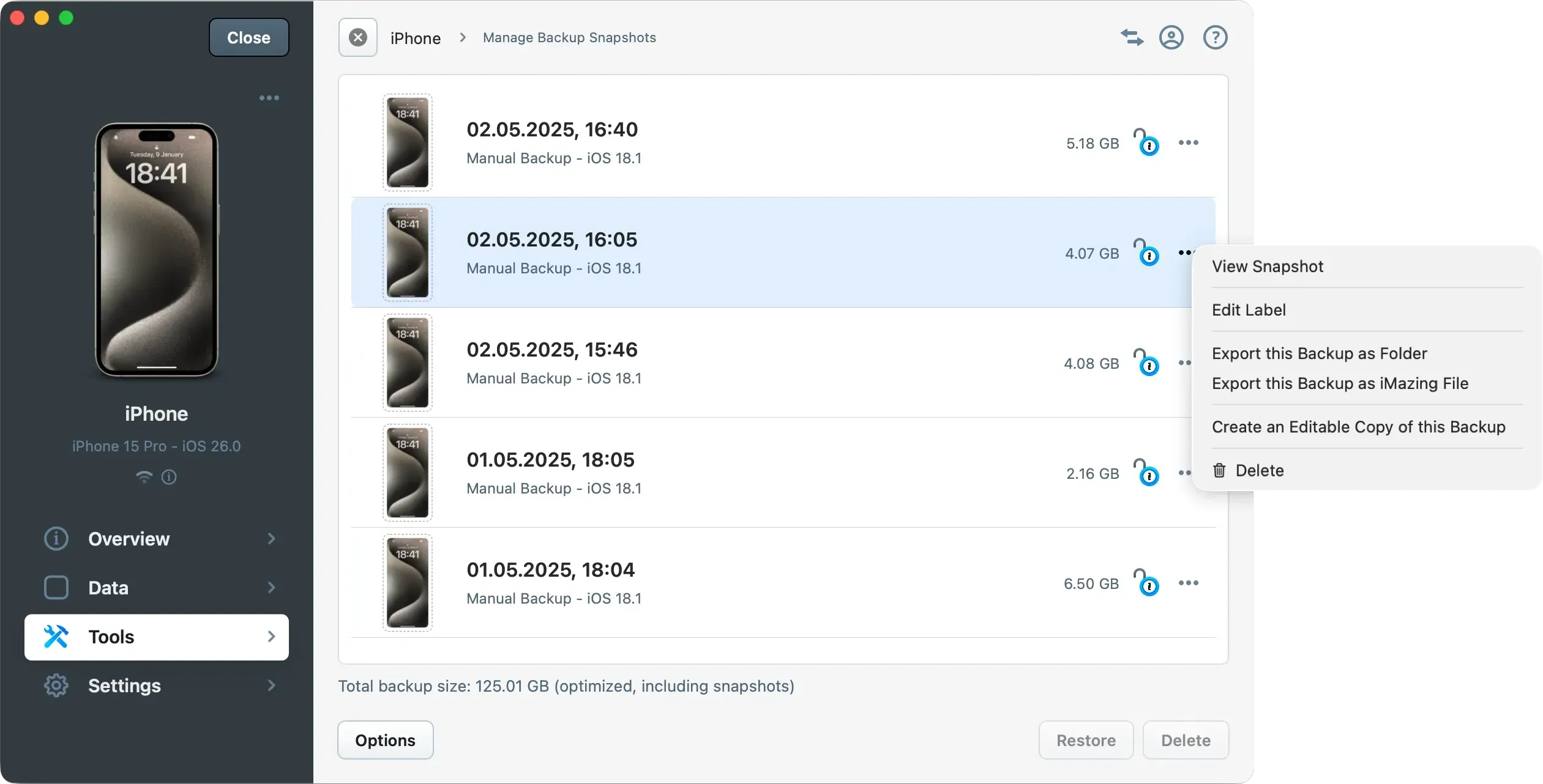 iMazing - Manage Backup Snapshots Section