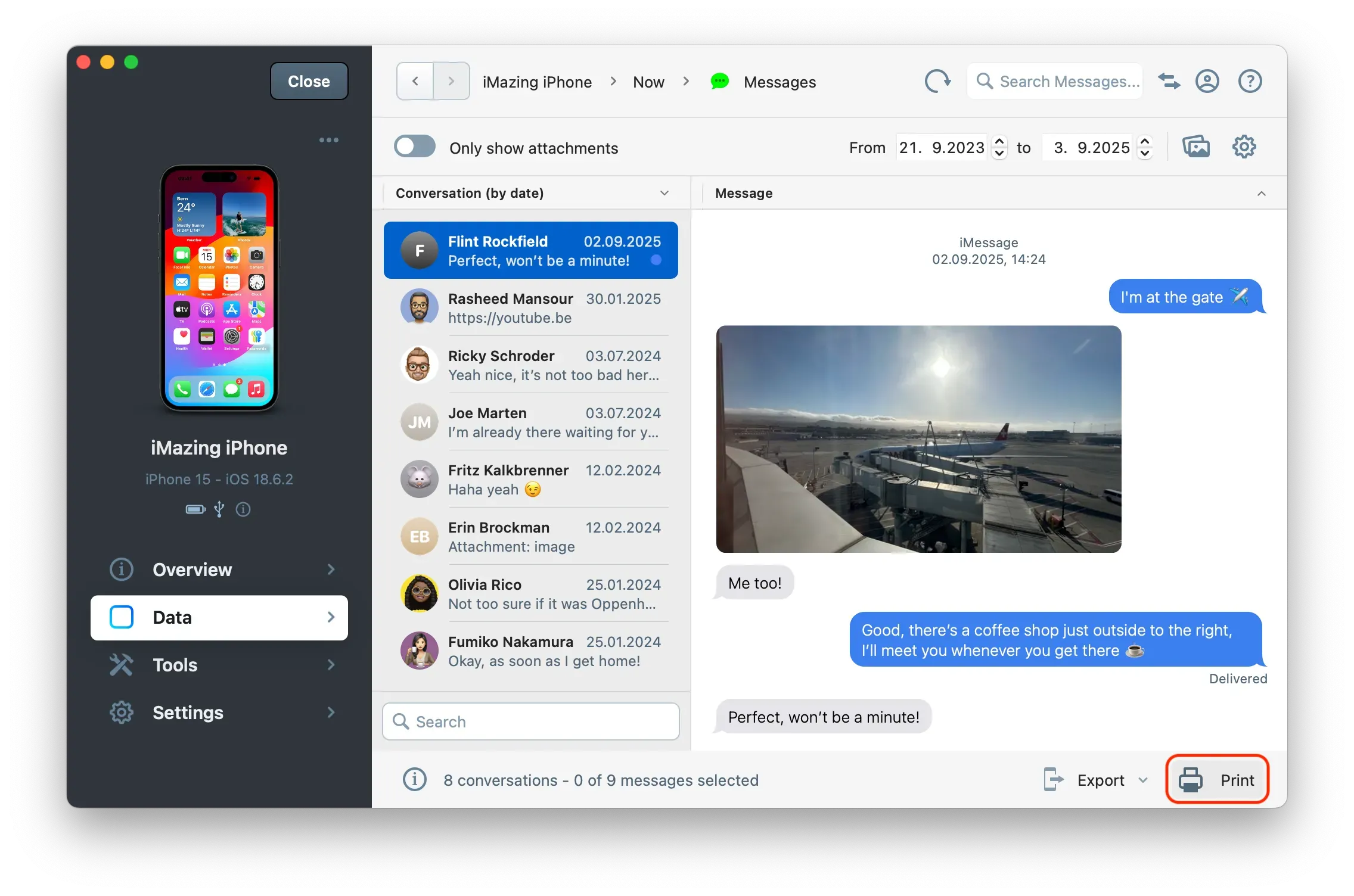 iMazing's Messages View, thread selected