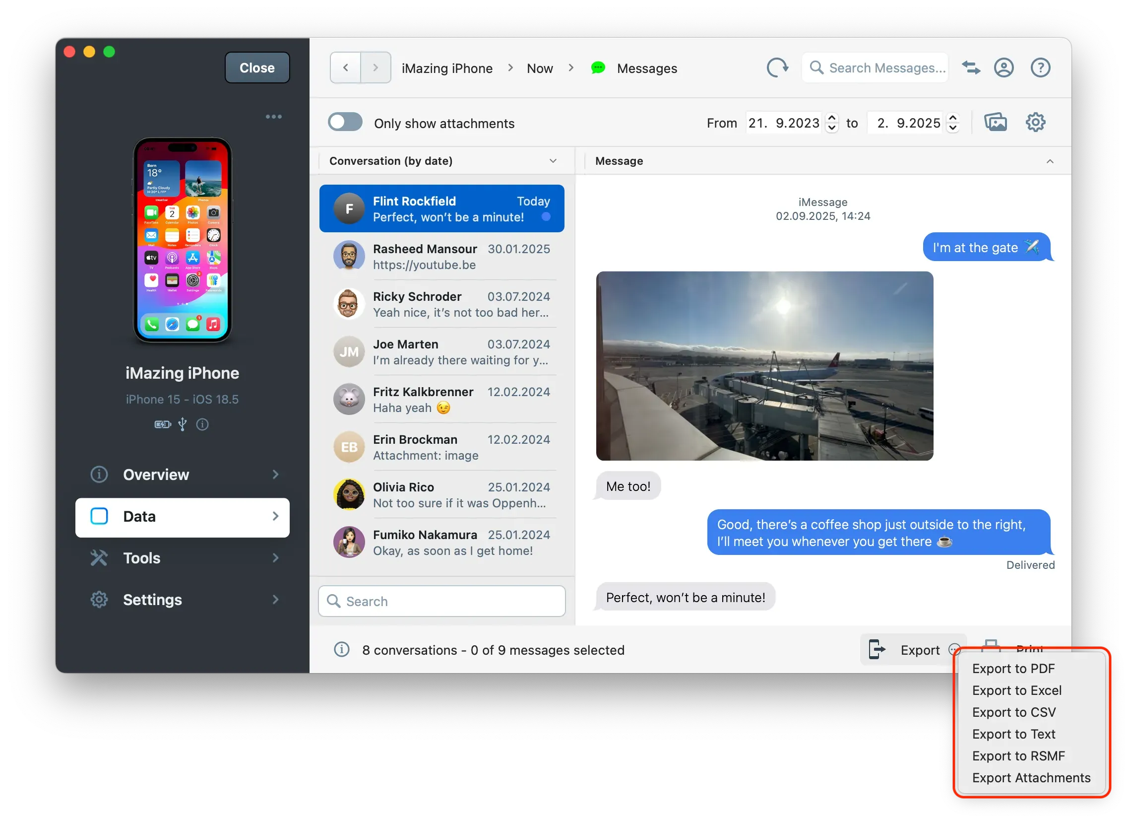 iMazing's Messages View, highlighted export buttons
