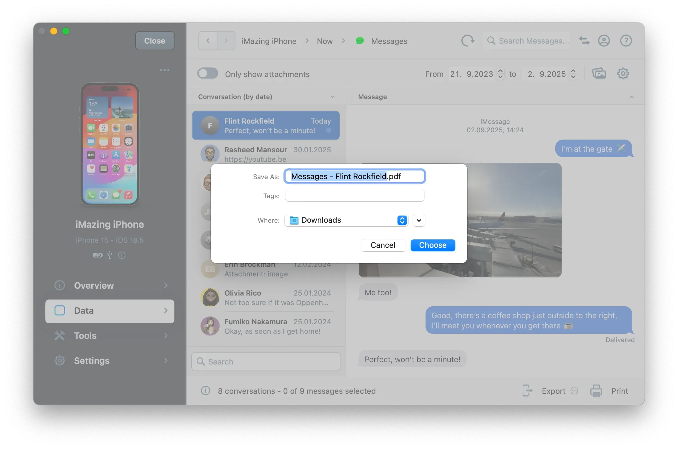 iMazing's Messages View, Save Panel