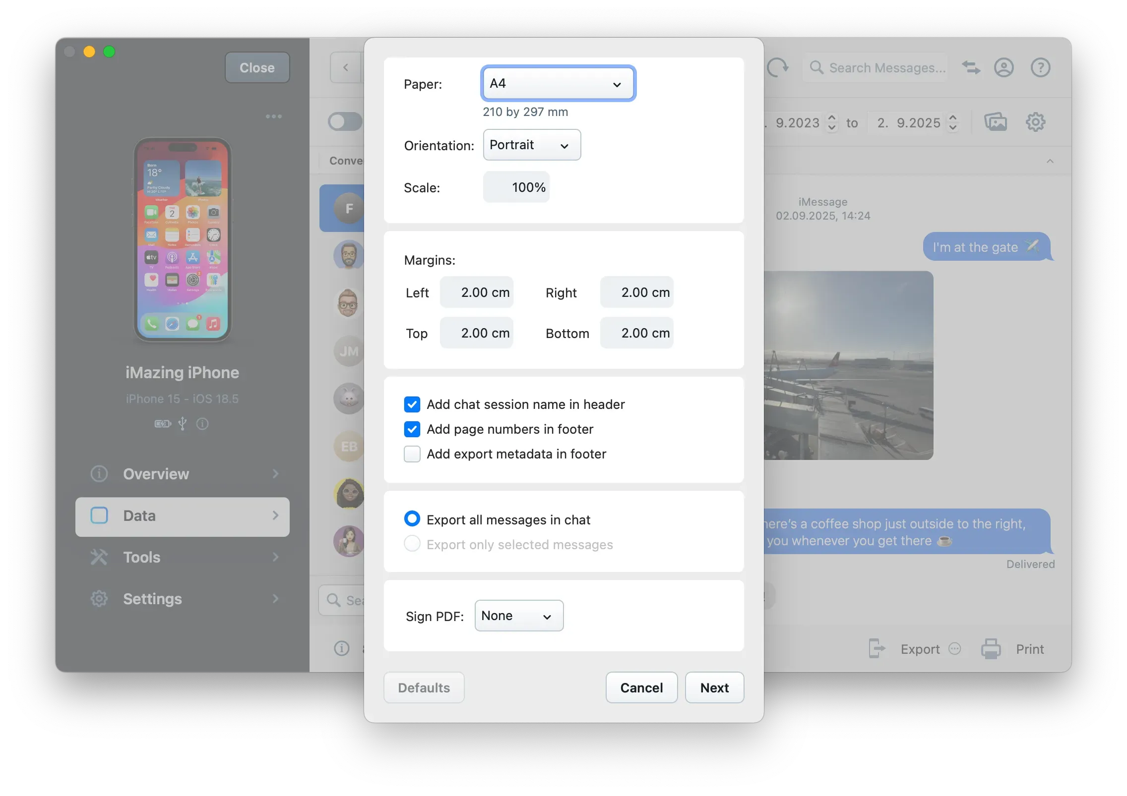 iMazing's Messages View, PDF Export Options