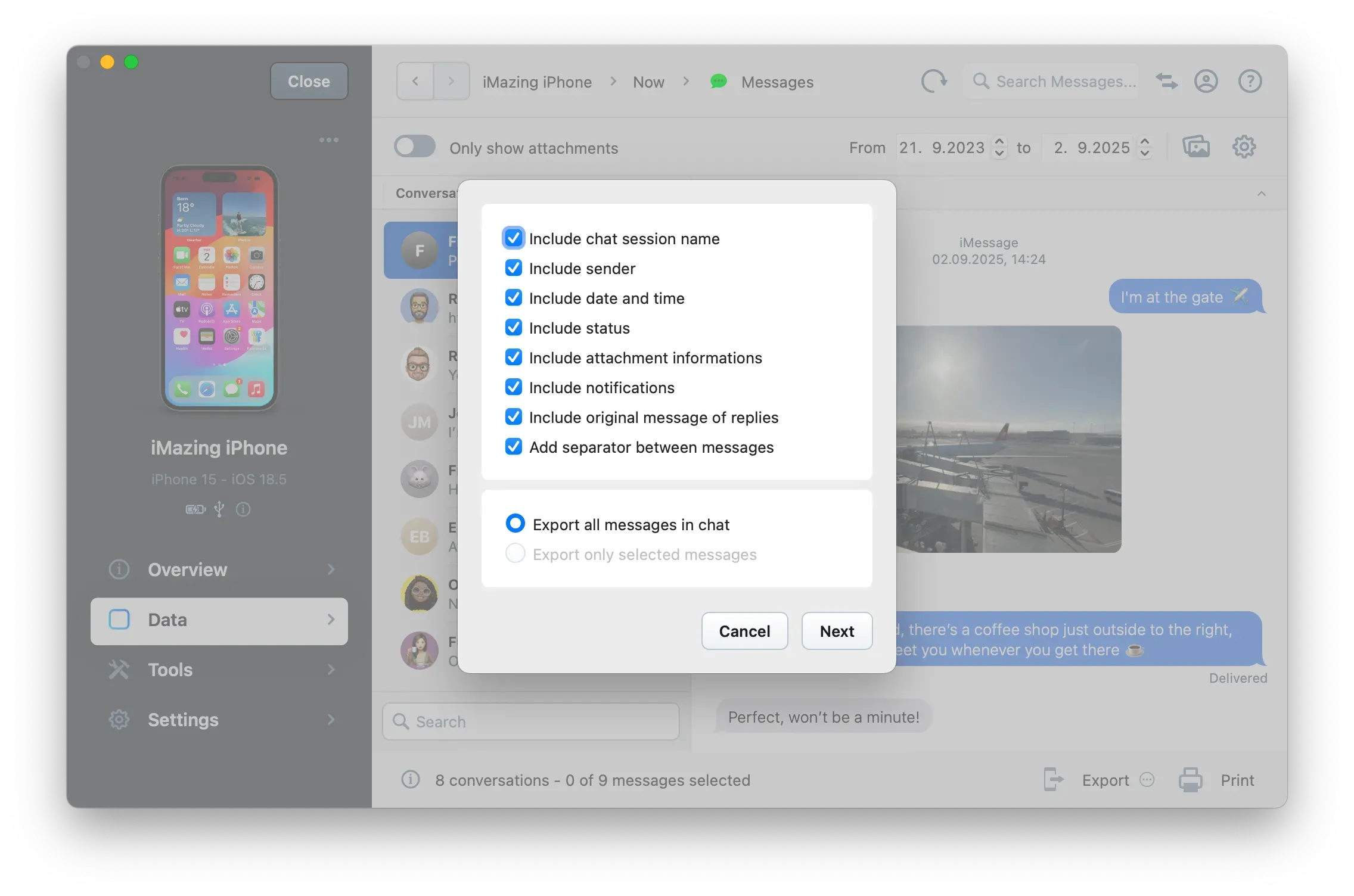 iMazing Messages view, Text Export Options