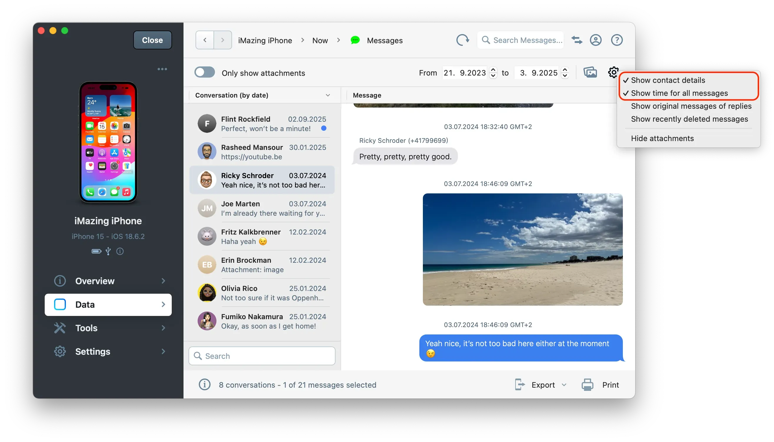 iMazing Messages view, show time and contact details enabled