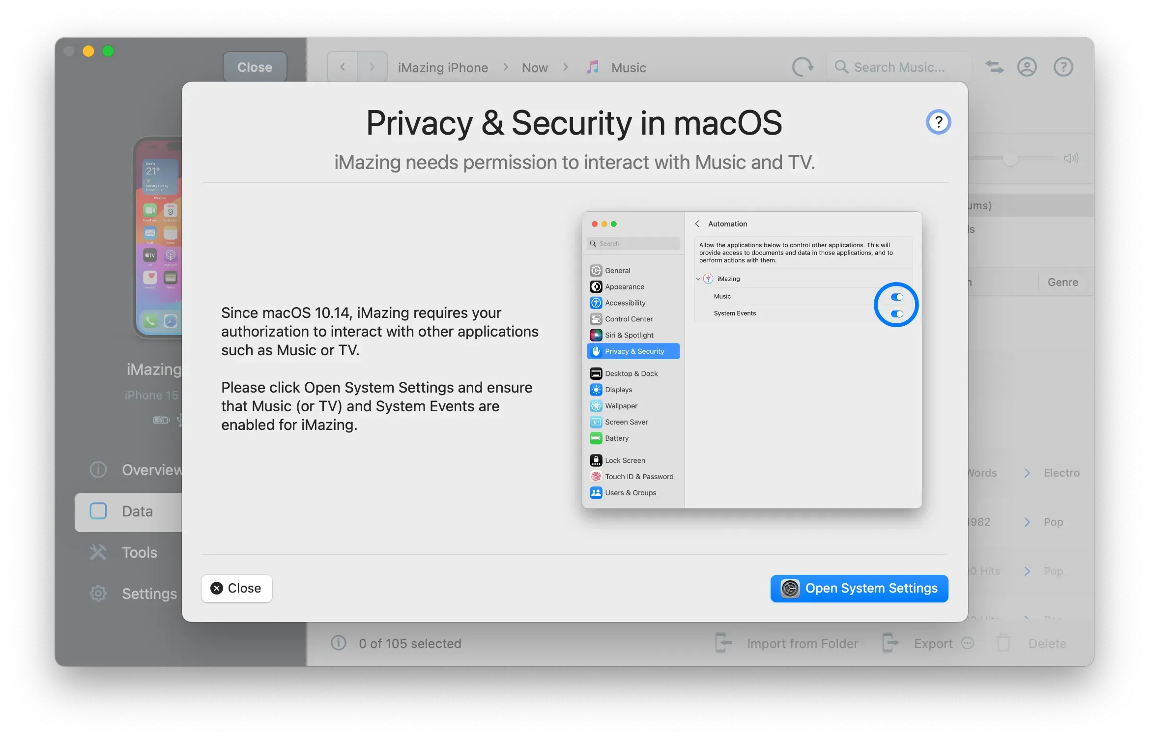 iMazing iTunes Control Screen