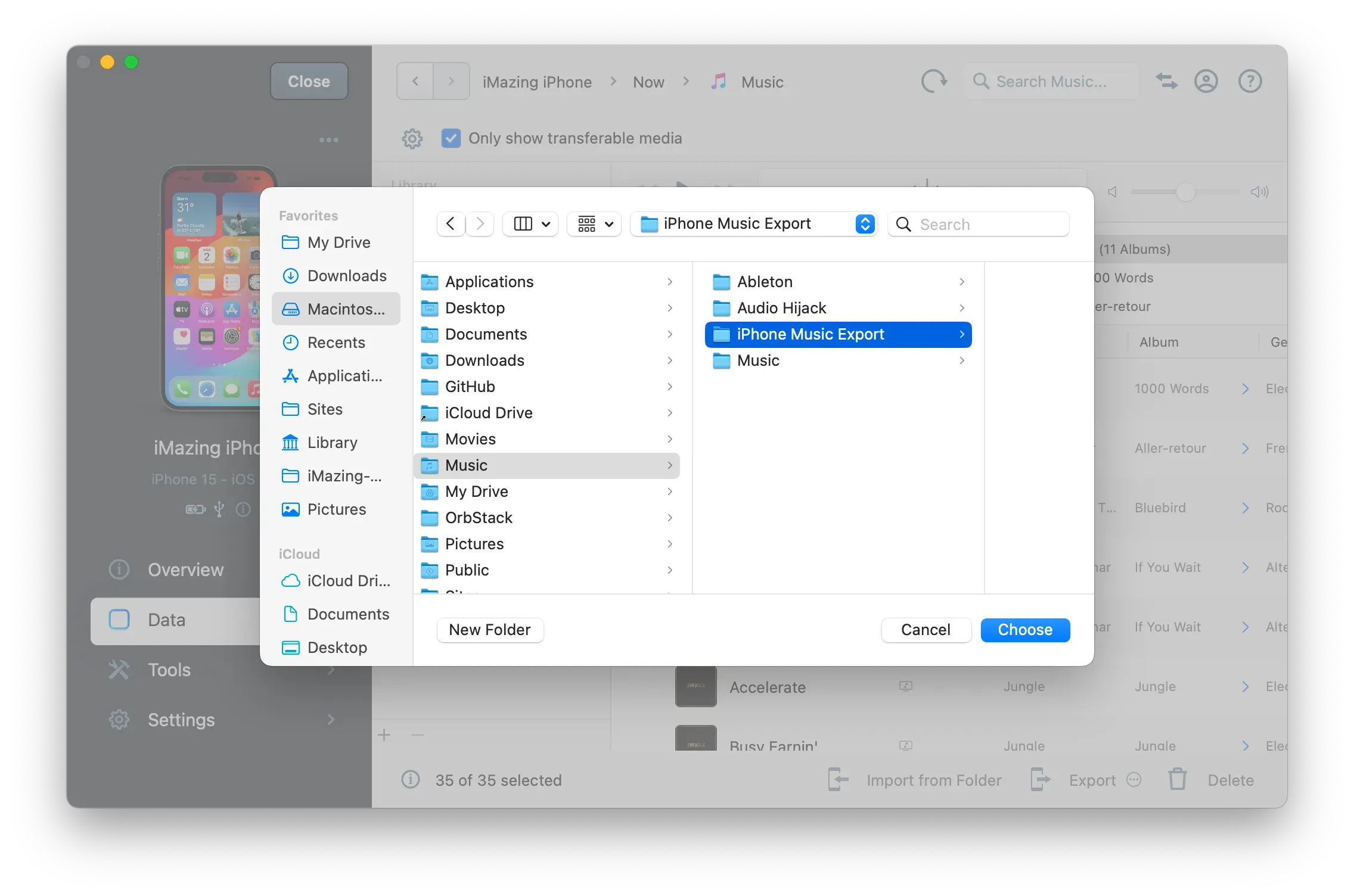iMazing Music Export Choose Folder