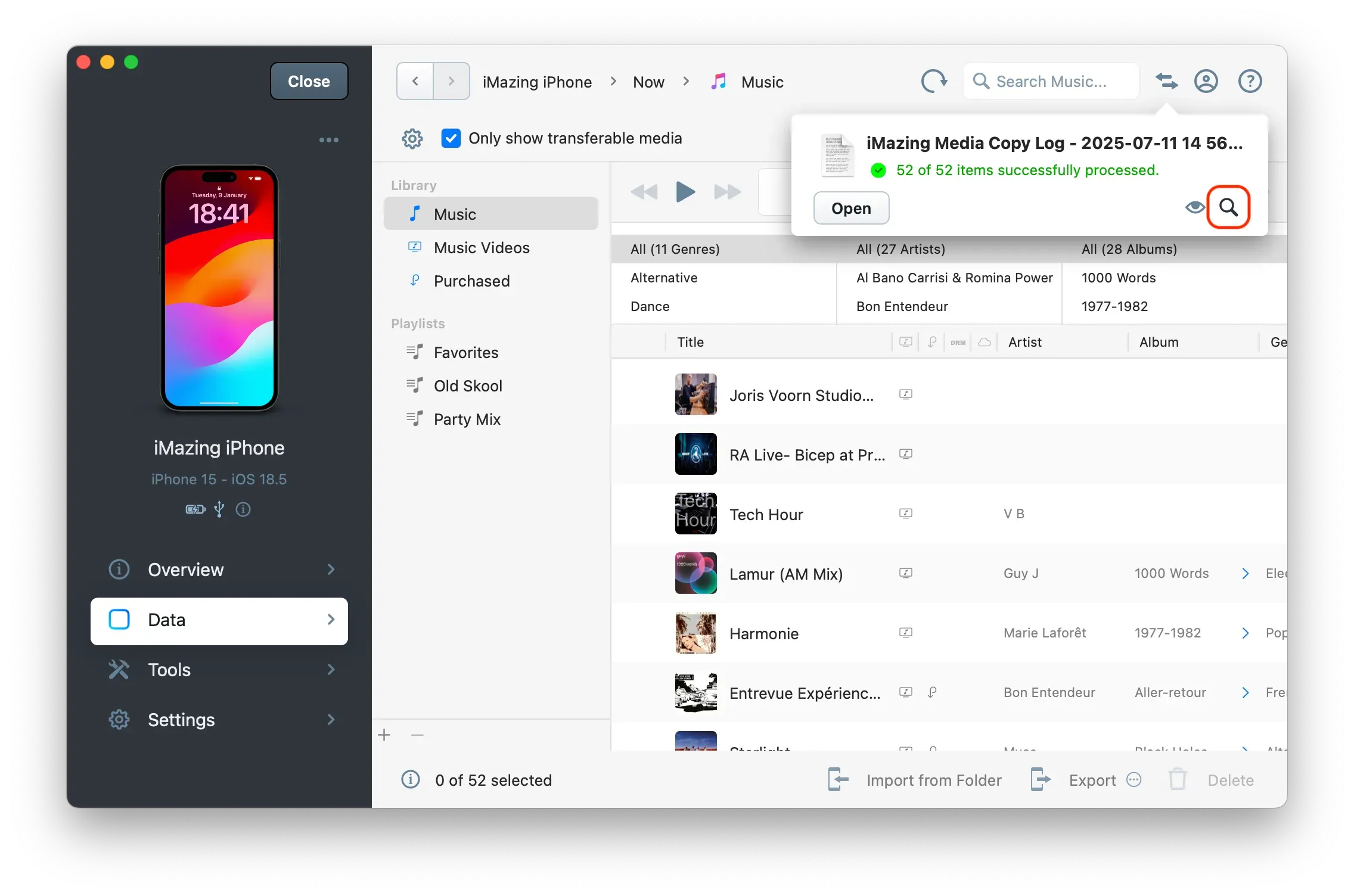 iMazing Music Export Operation Completed