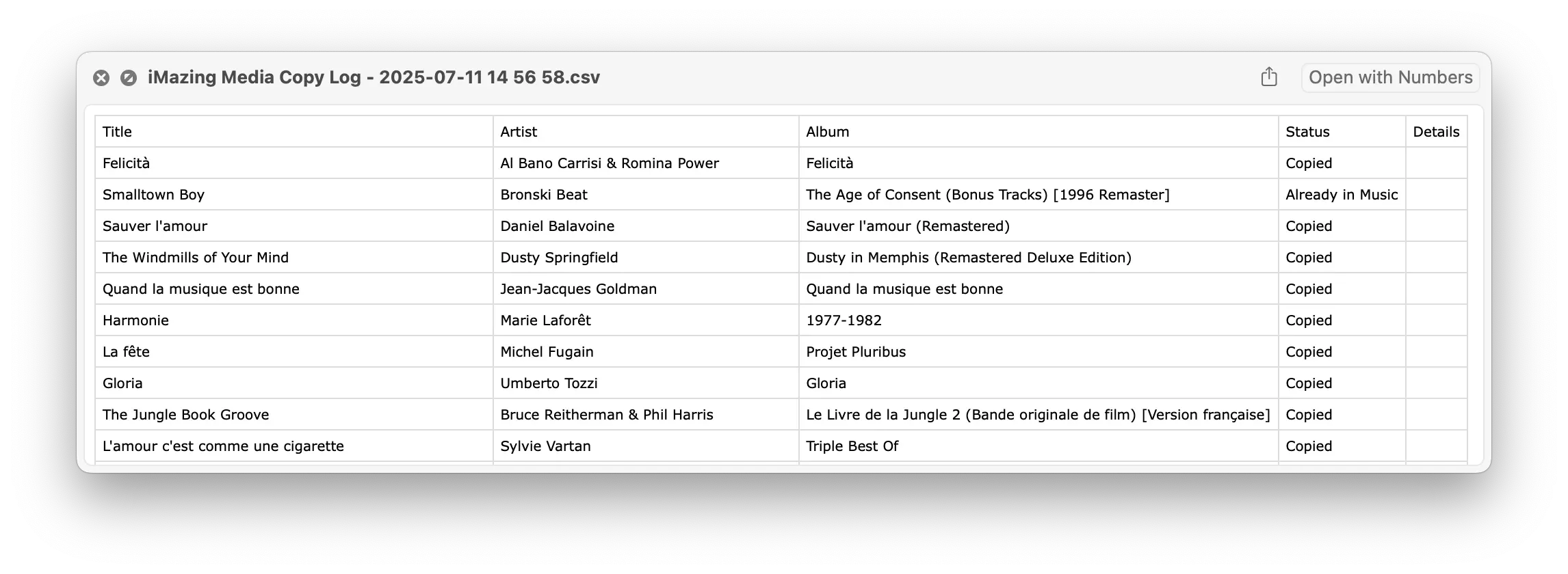 iMazing Music Export Log