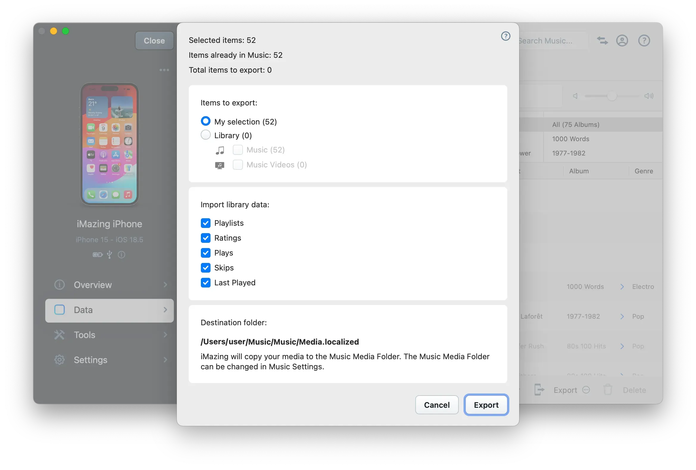 iMazing Music Export Options Window
