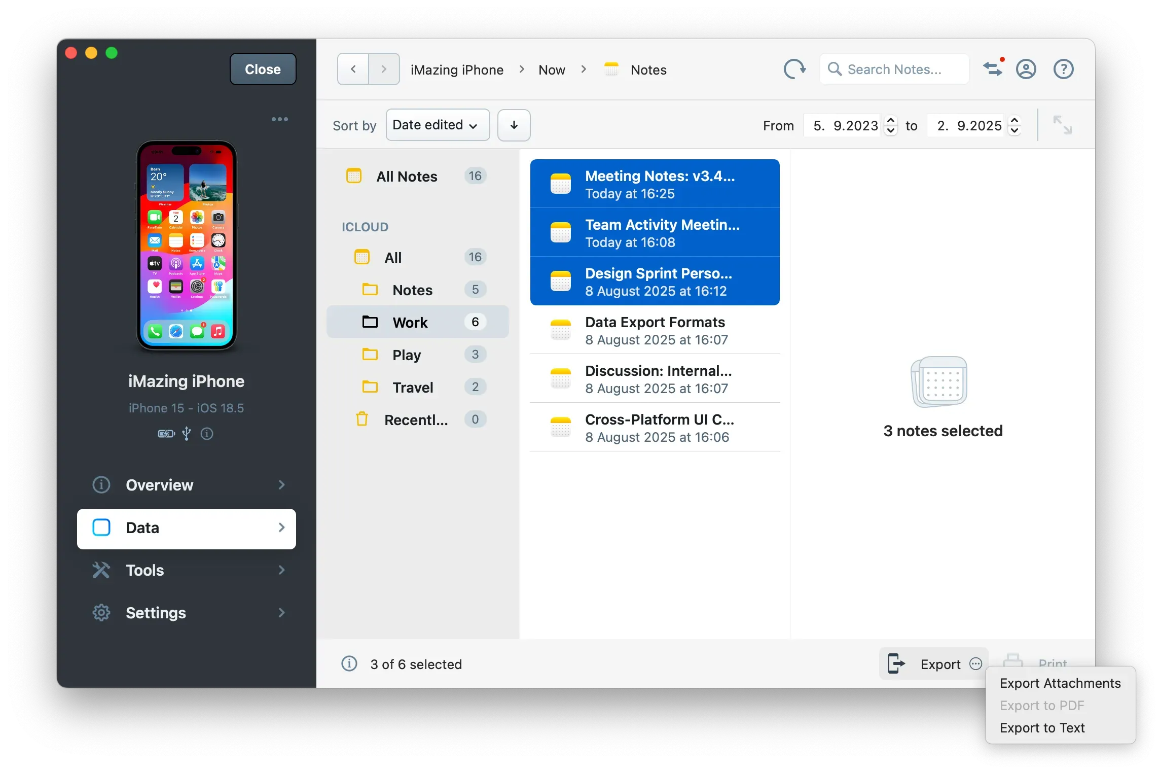 Multiple slection and export options of notes in iMazing
