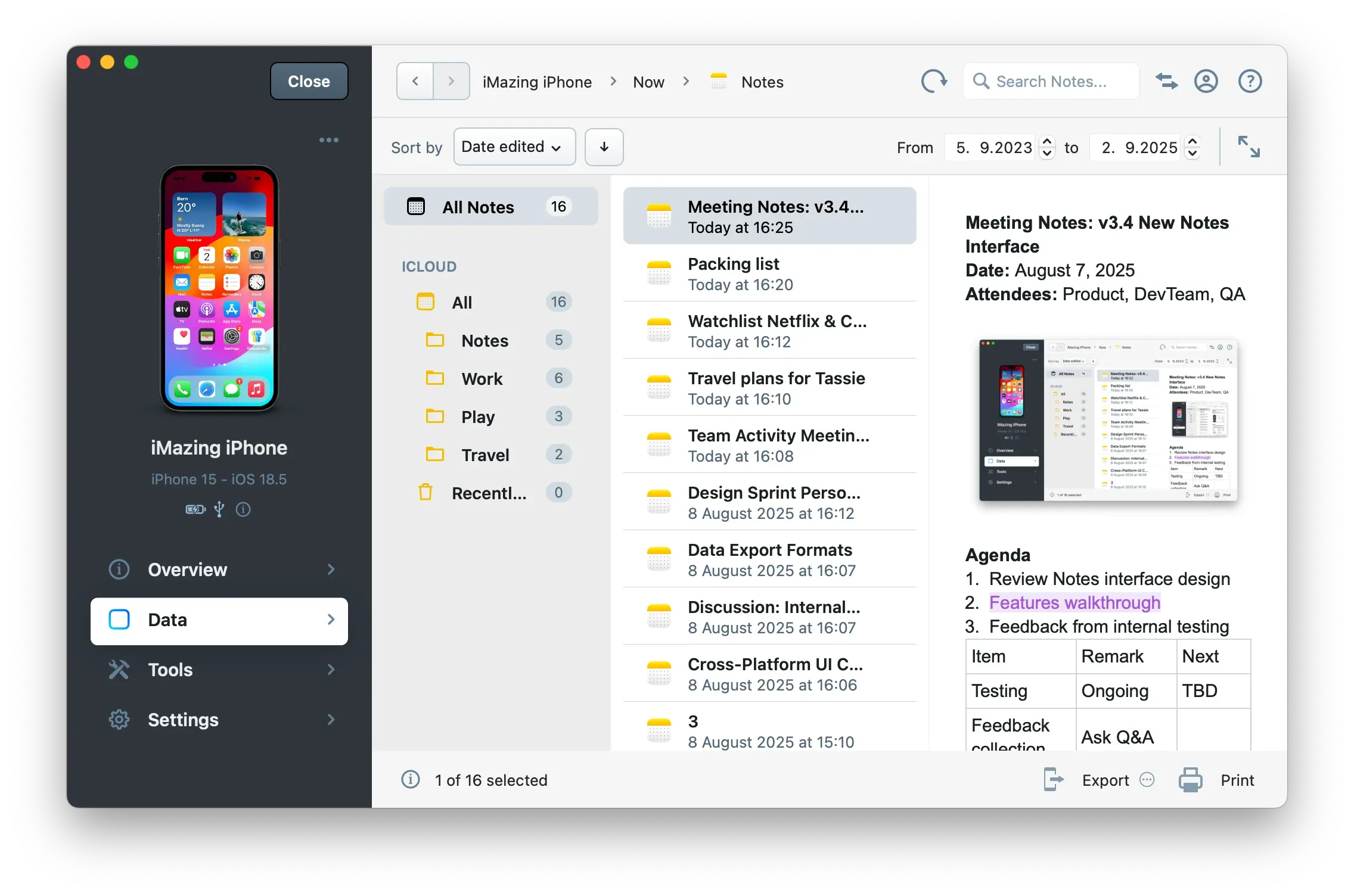 iMazing's Notes View
