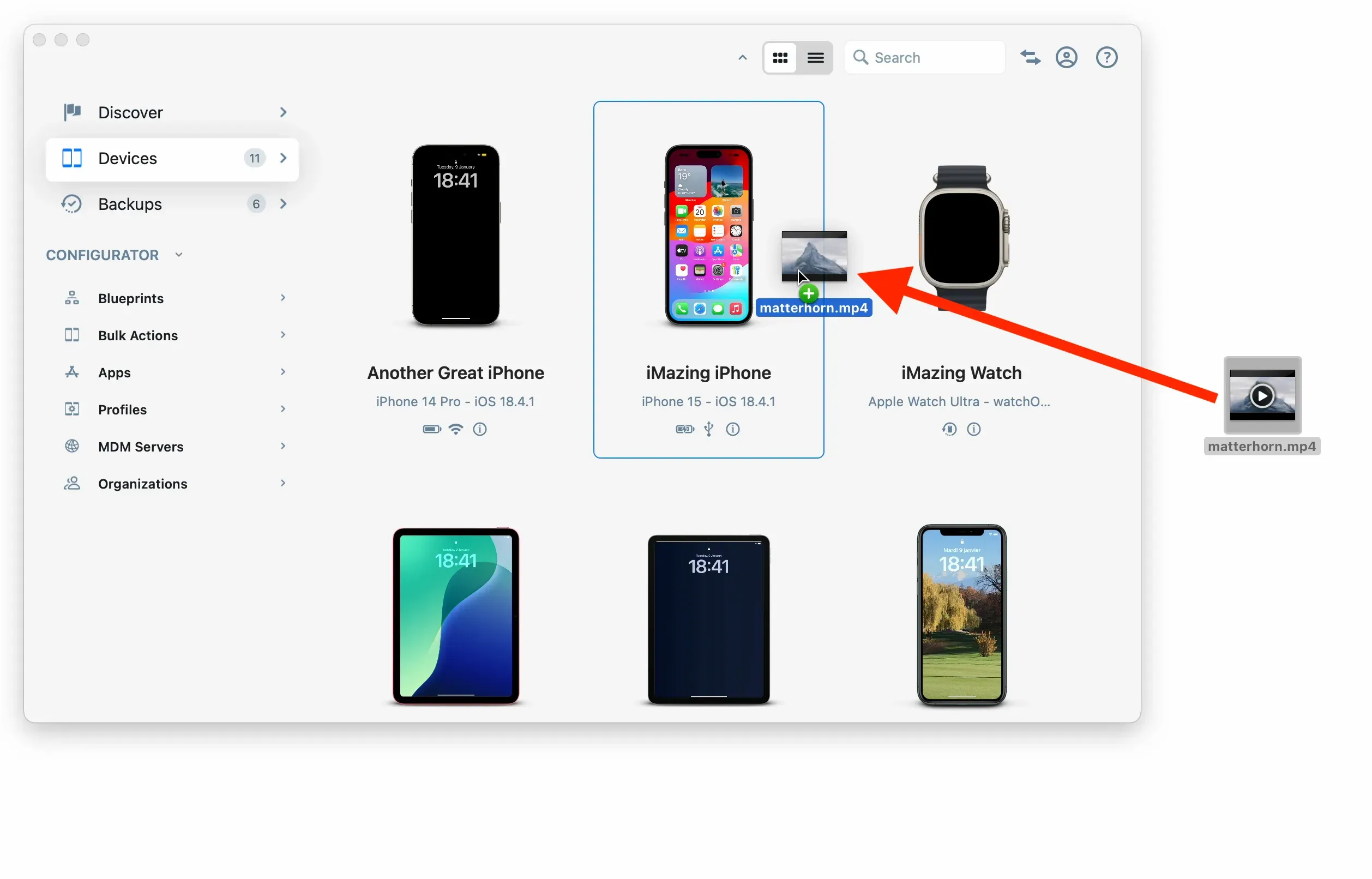 Quick Transfer in iMazing, drag and drop GIF