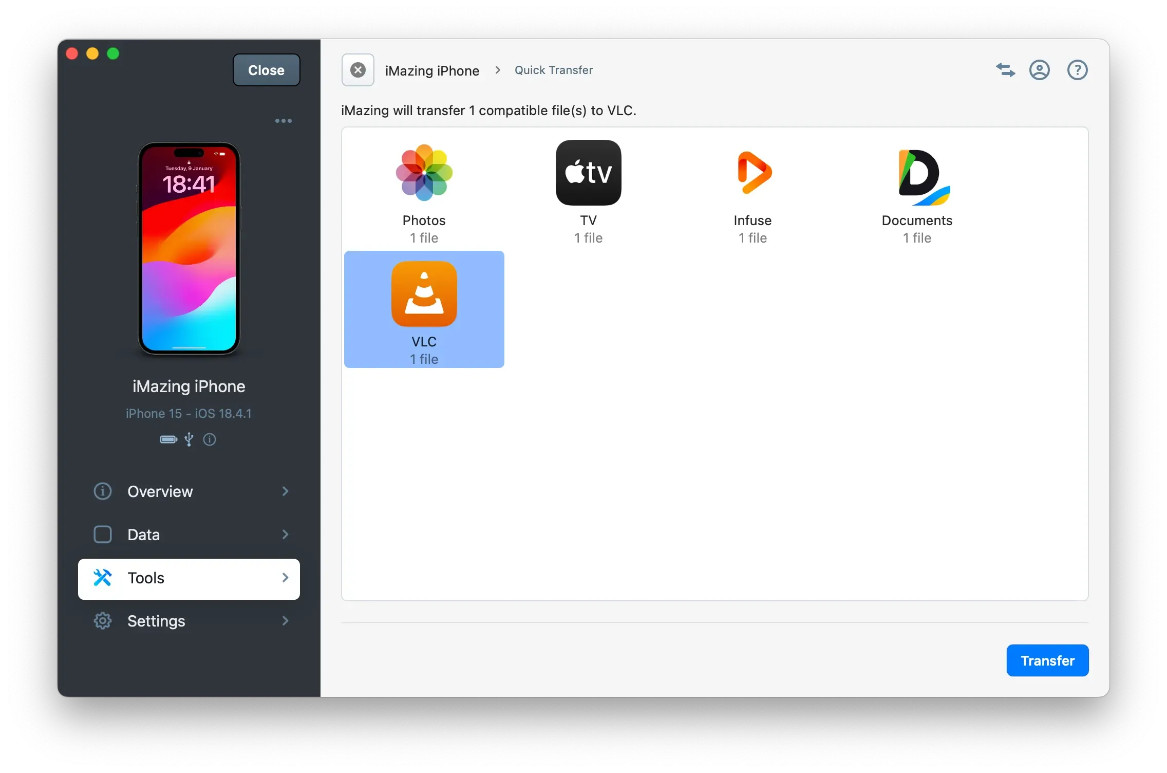 Quick Transfer wizard displaying compatible apps