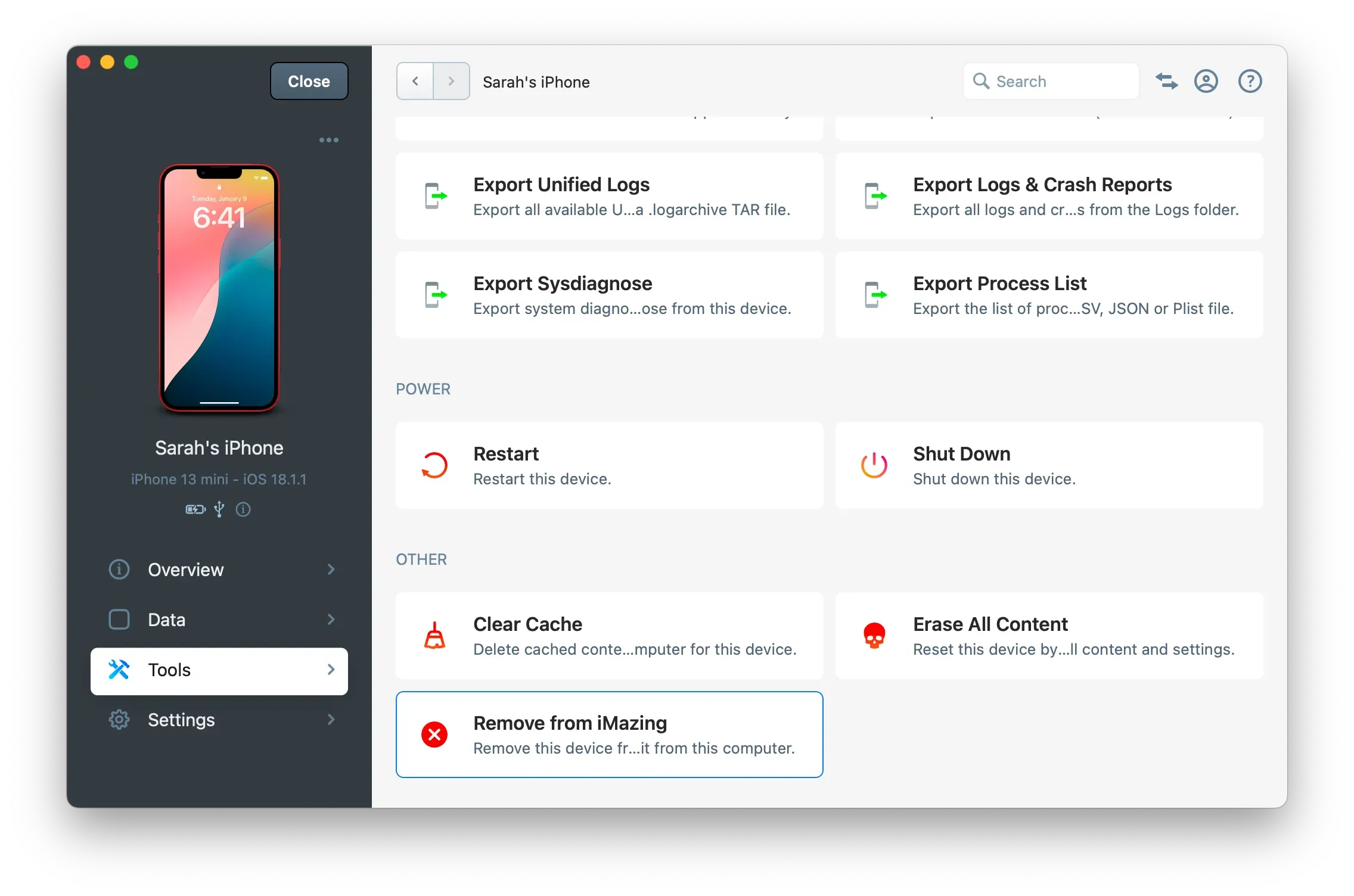 iMazing's sidebar contextual menu with Remove Device from iMazing selected
