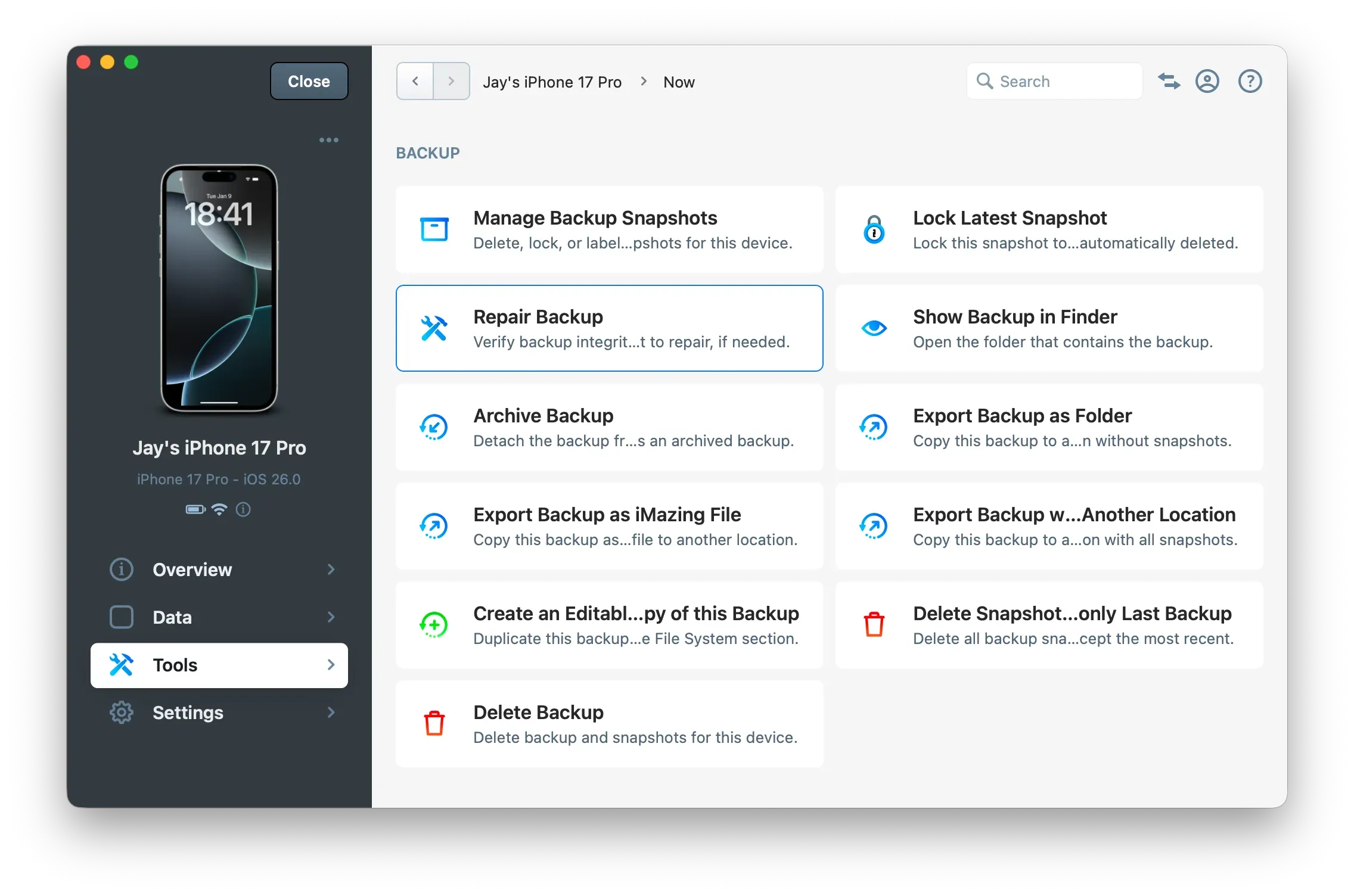 iMazing - Repair Backup Action