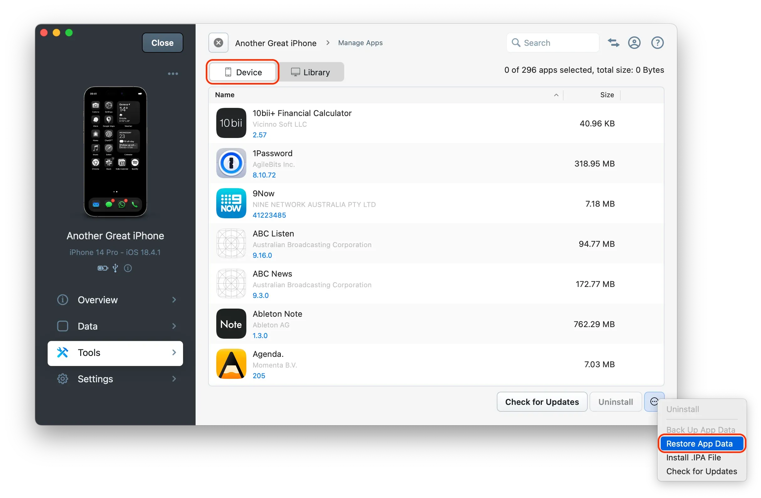 Restore App Data Screen