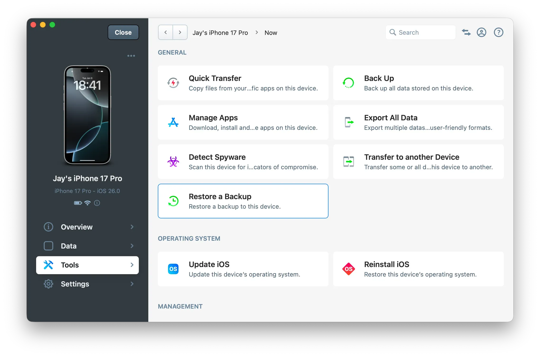 iMazing - Restore Backup Action