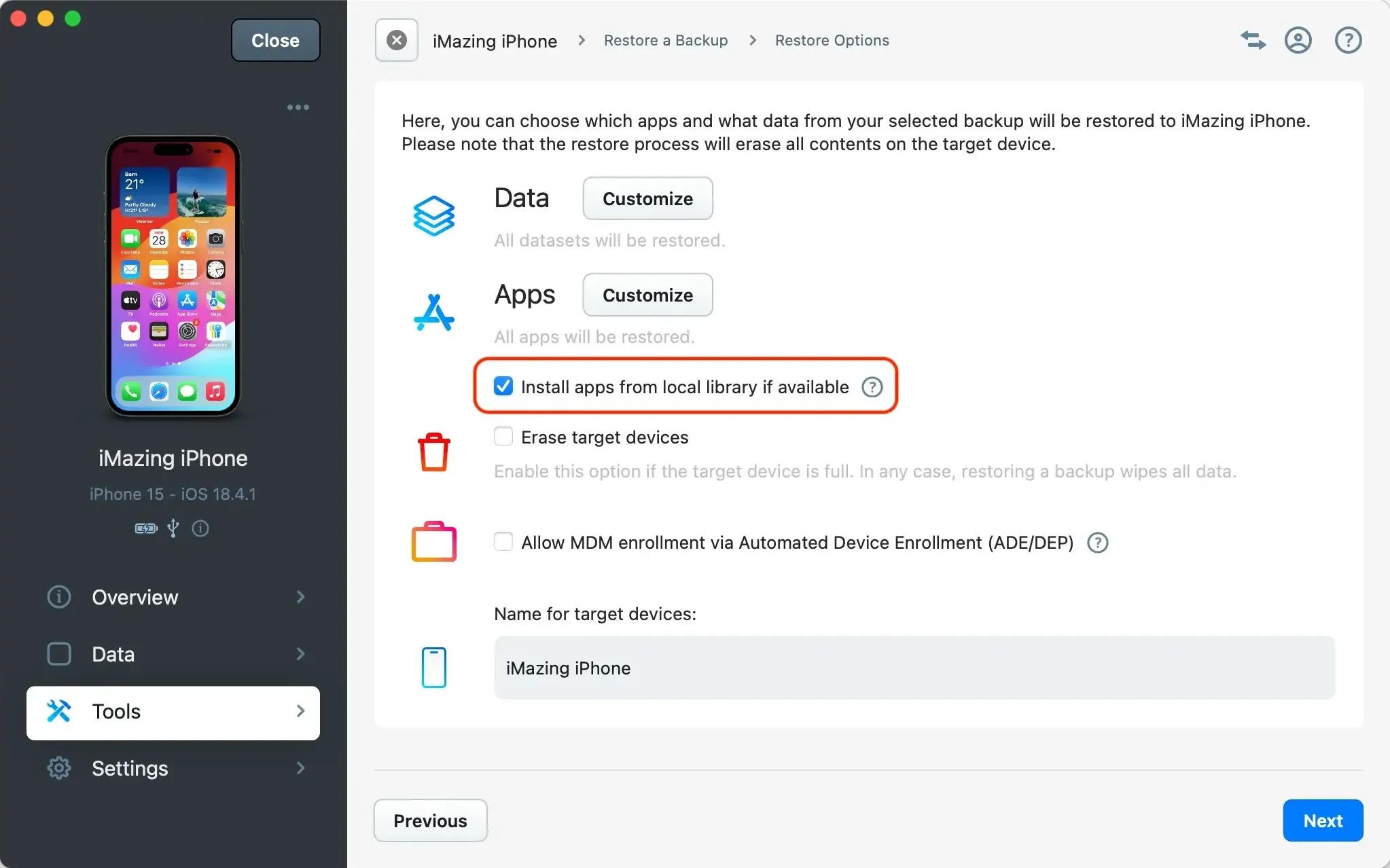 iMazing Restore Options
