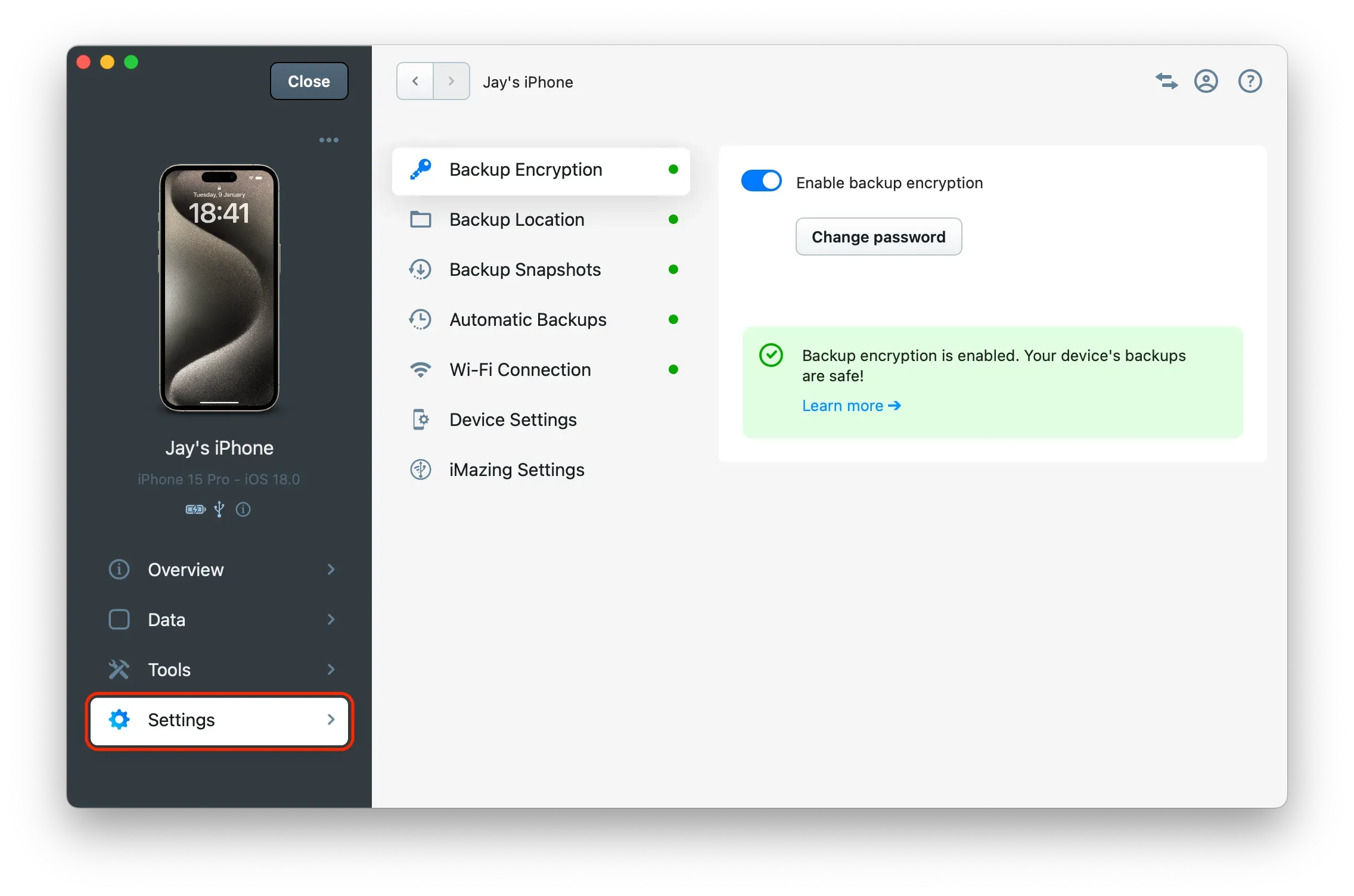 iMazing Device Settings Section