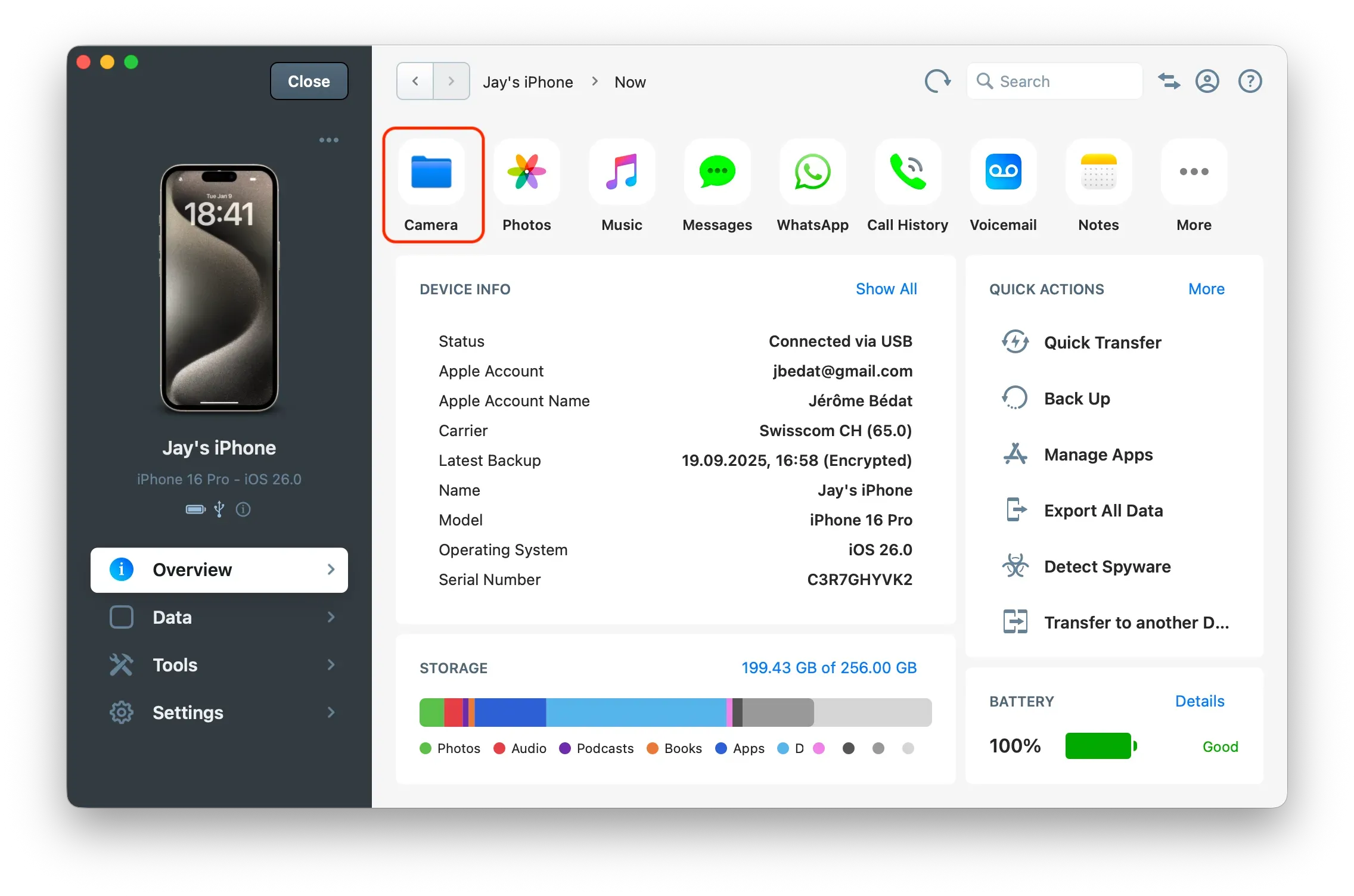 iMazing Folder Shortcut in Overview Section