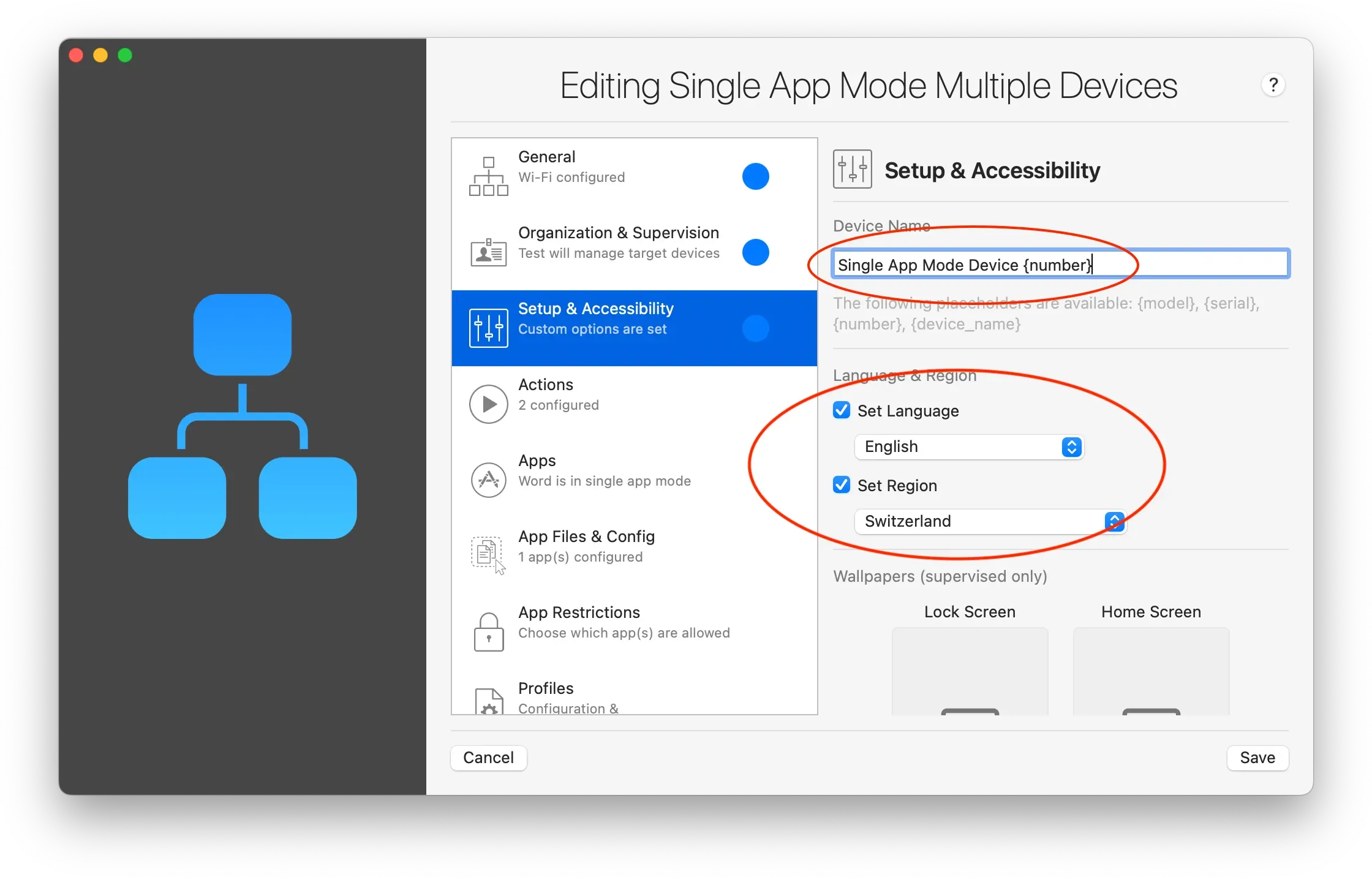 Set name, language and region