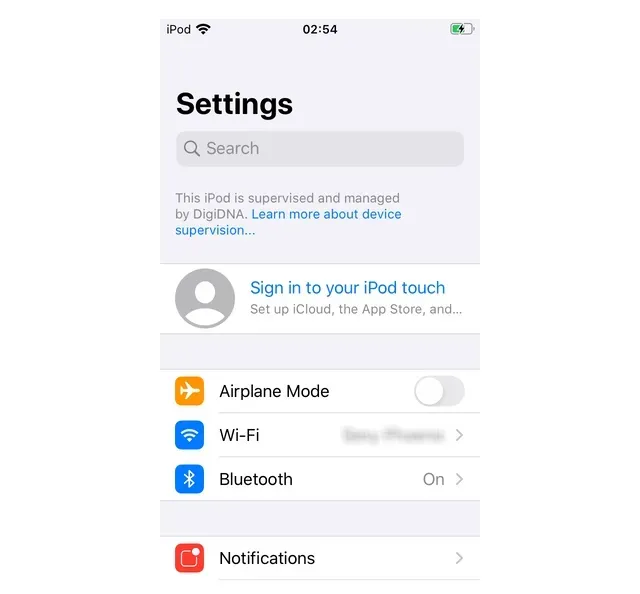 iOS Settings app, supervision notice