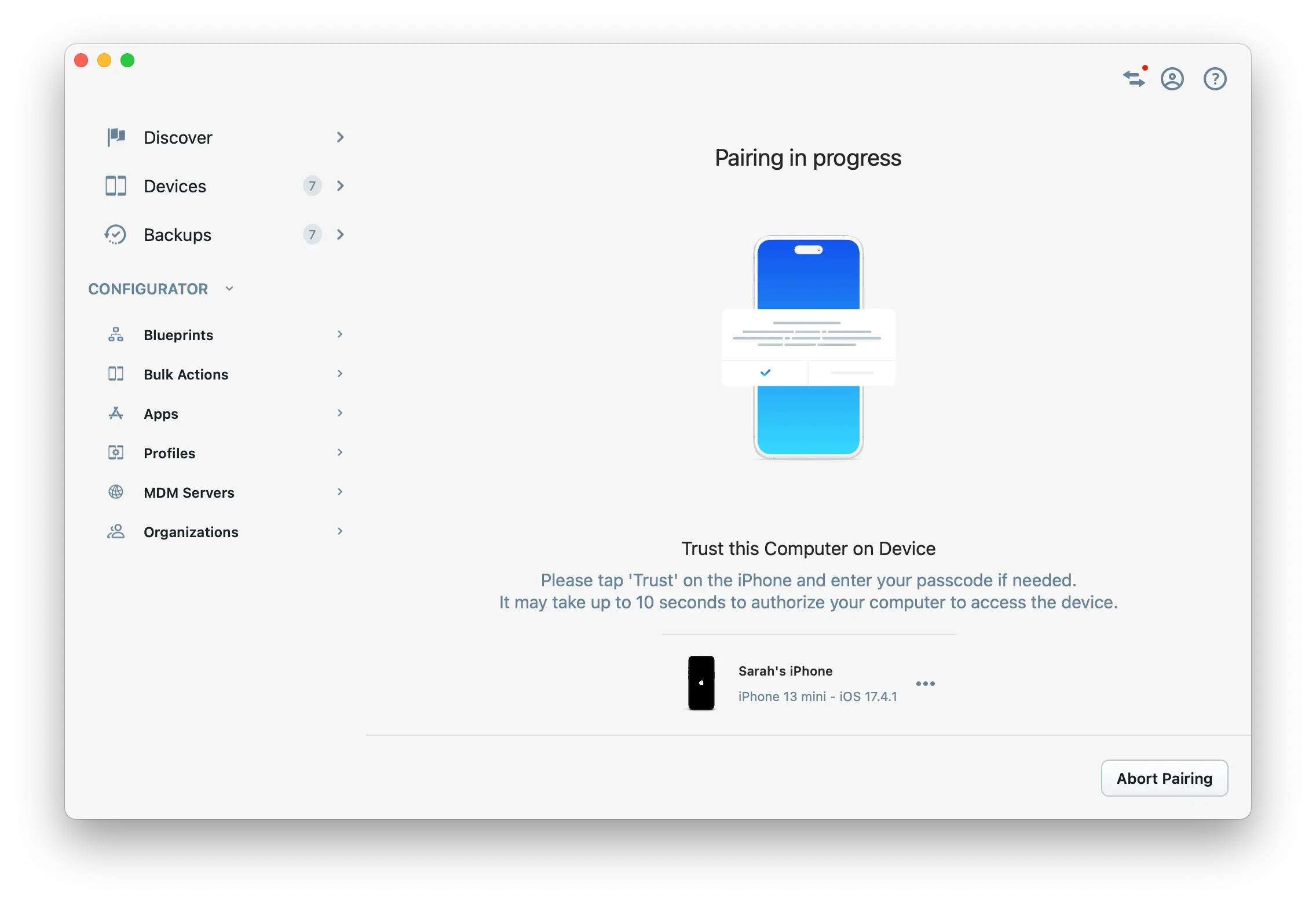 iMazing's Unlock Device Screen