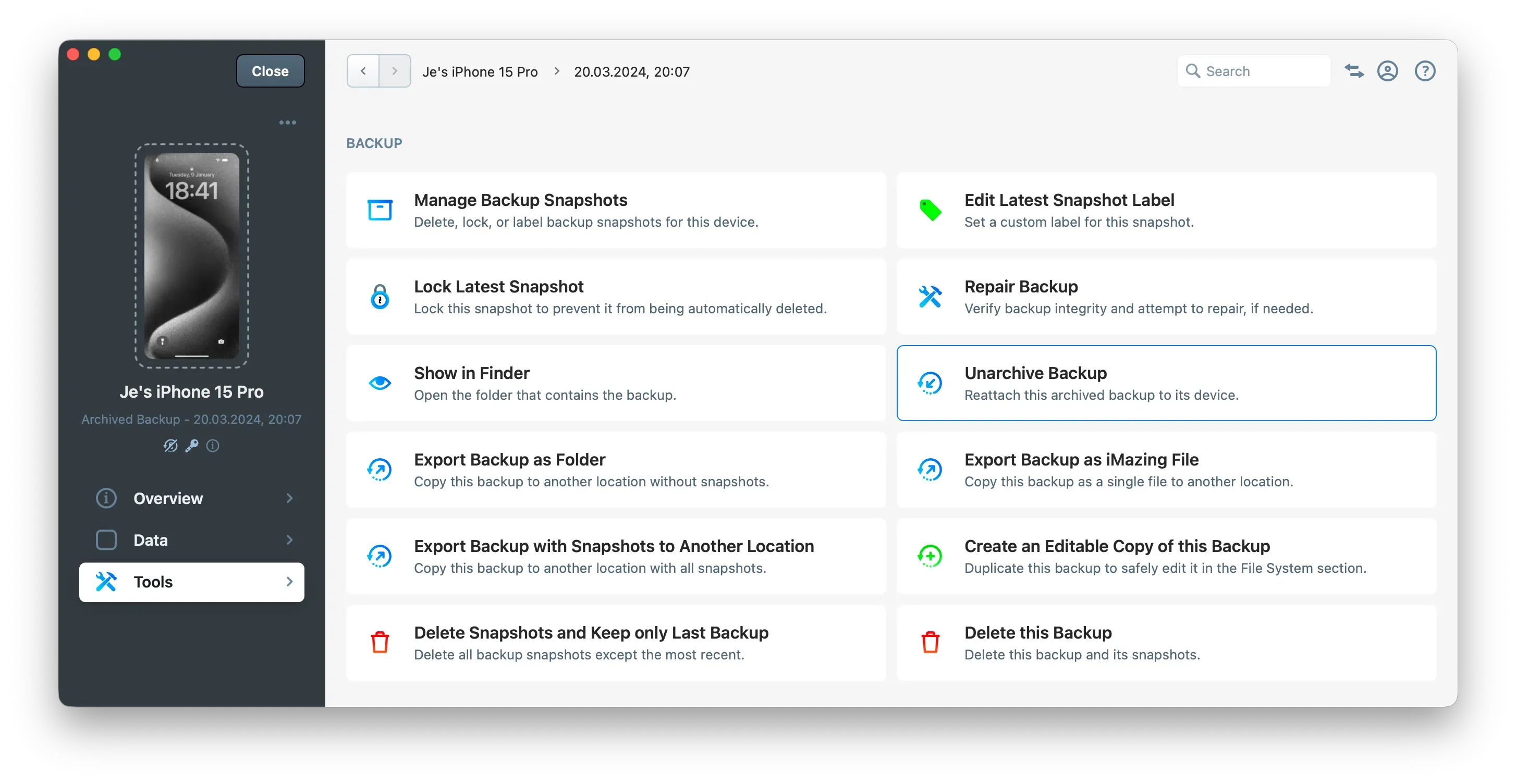 iMazing - Unarchive Backup Action