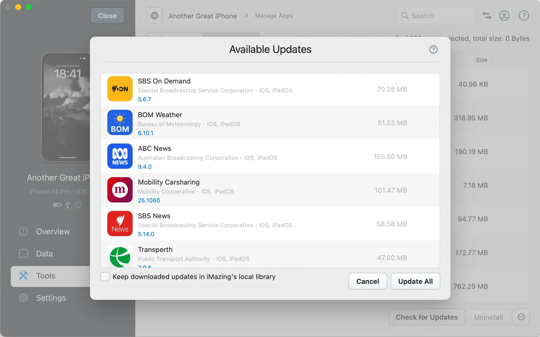 App Updates in iMazing's App Library view