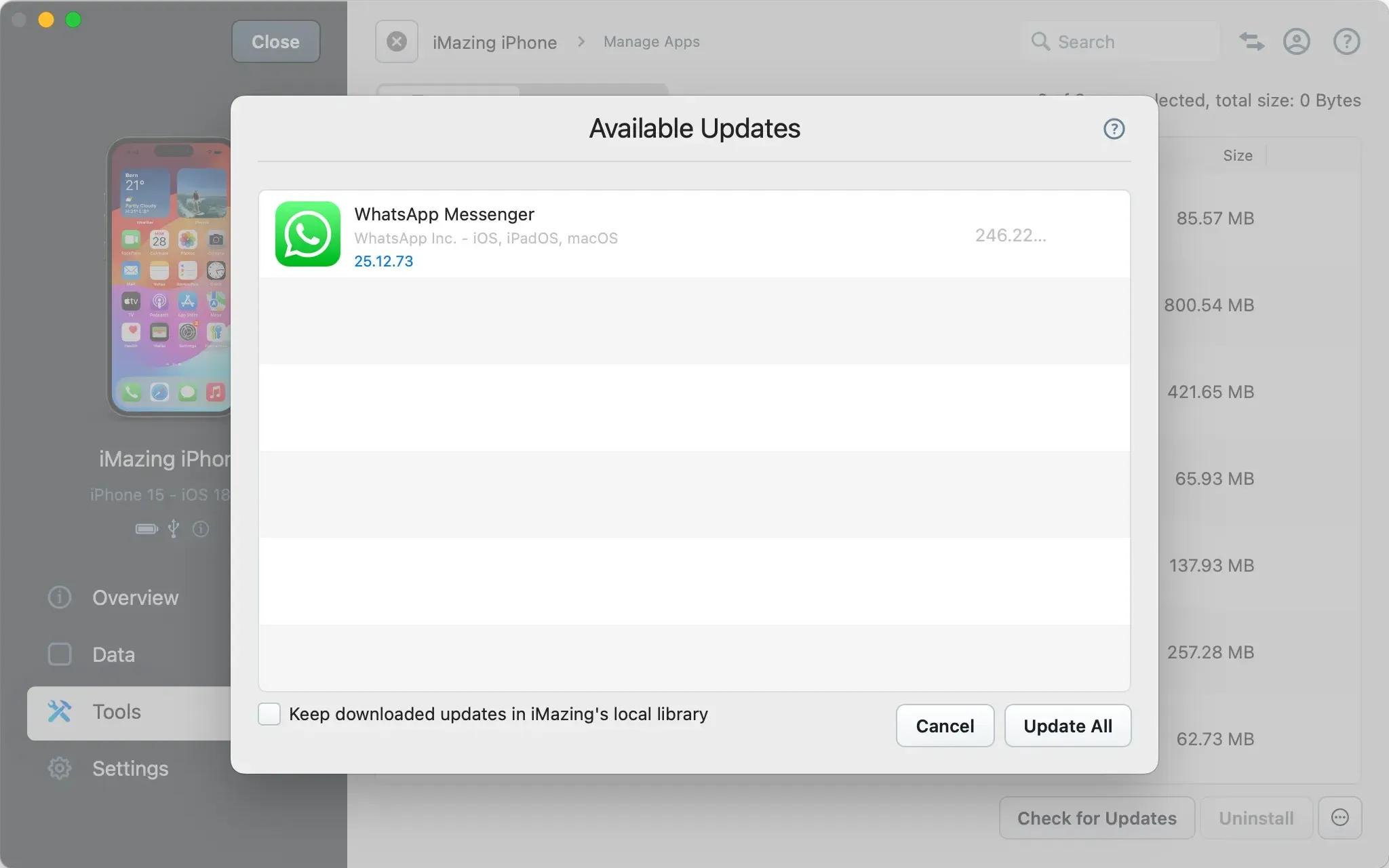 App Updates in iMazing's App Library view