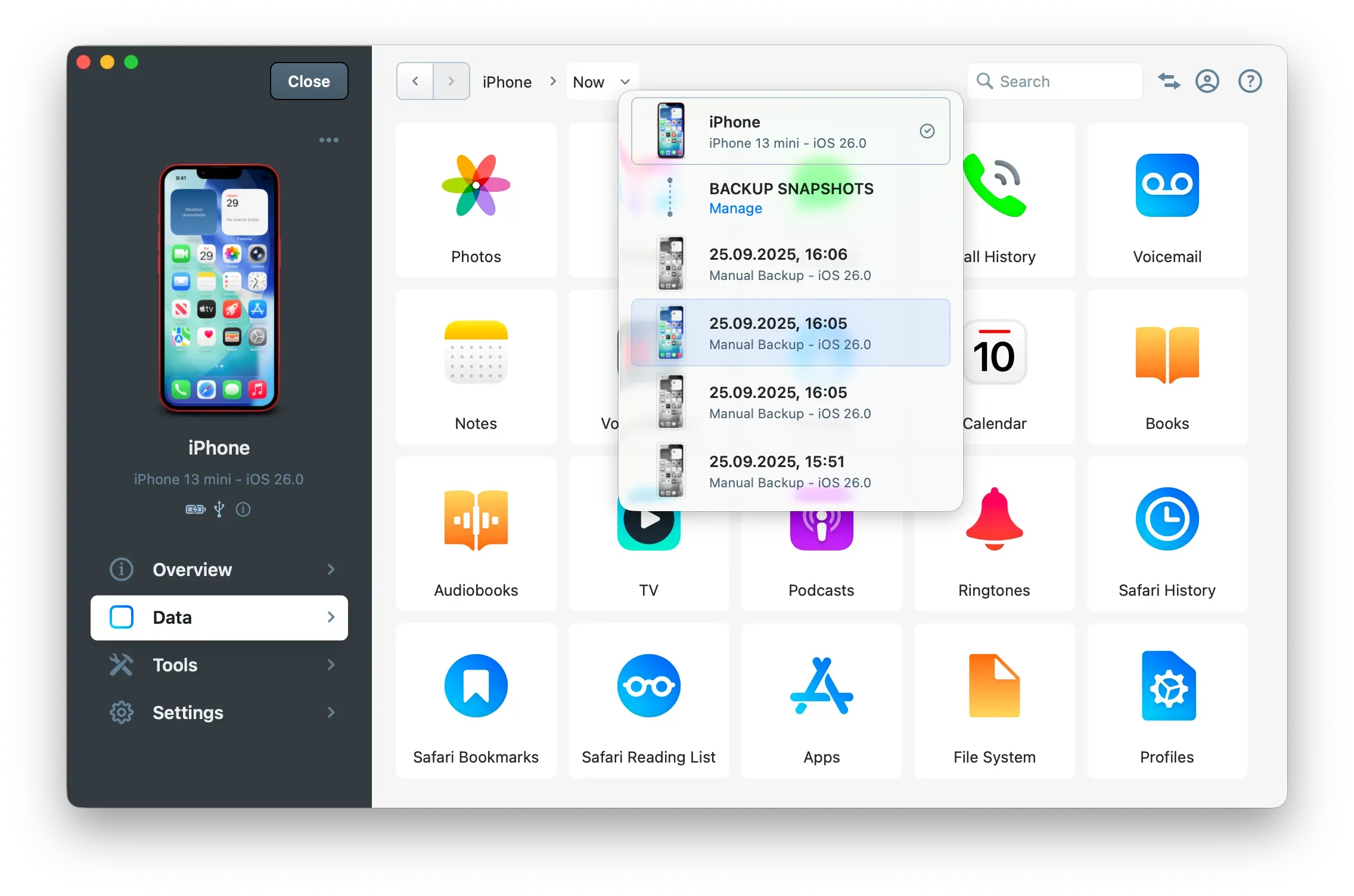 iMazing - Device Backup Snapshots Panel