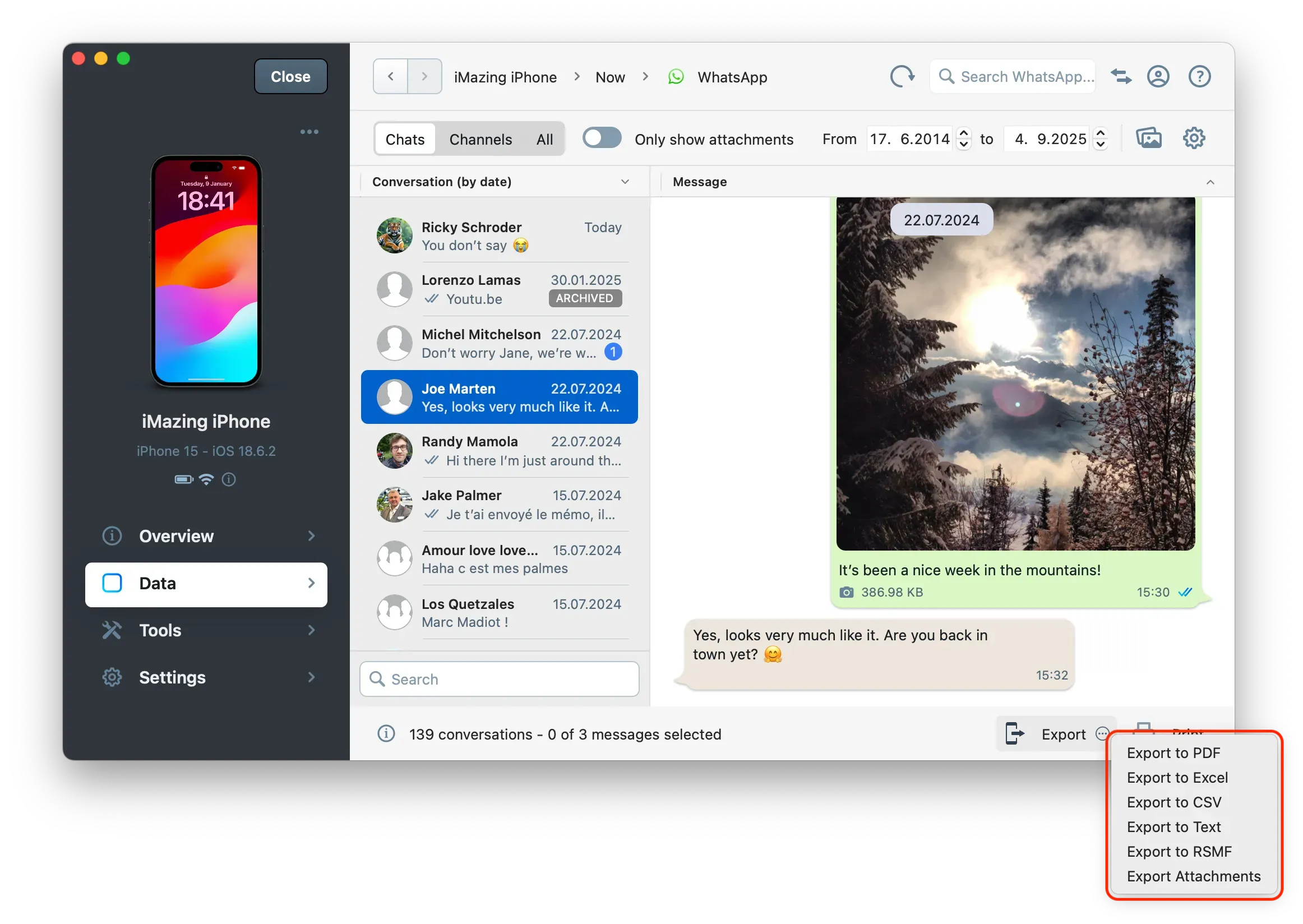 iMazing's Messages View, highlighted export buttons