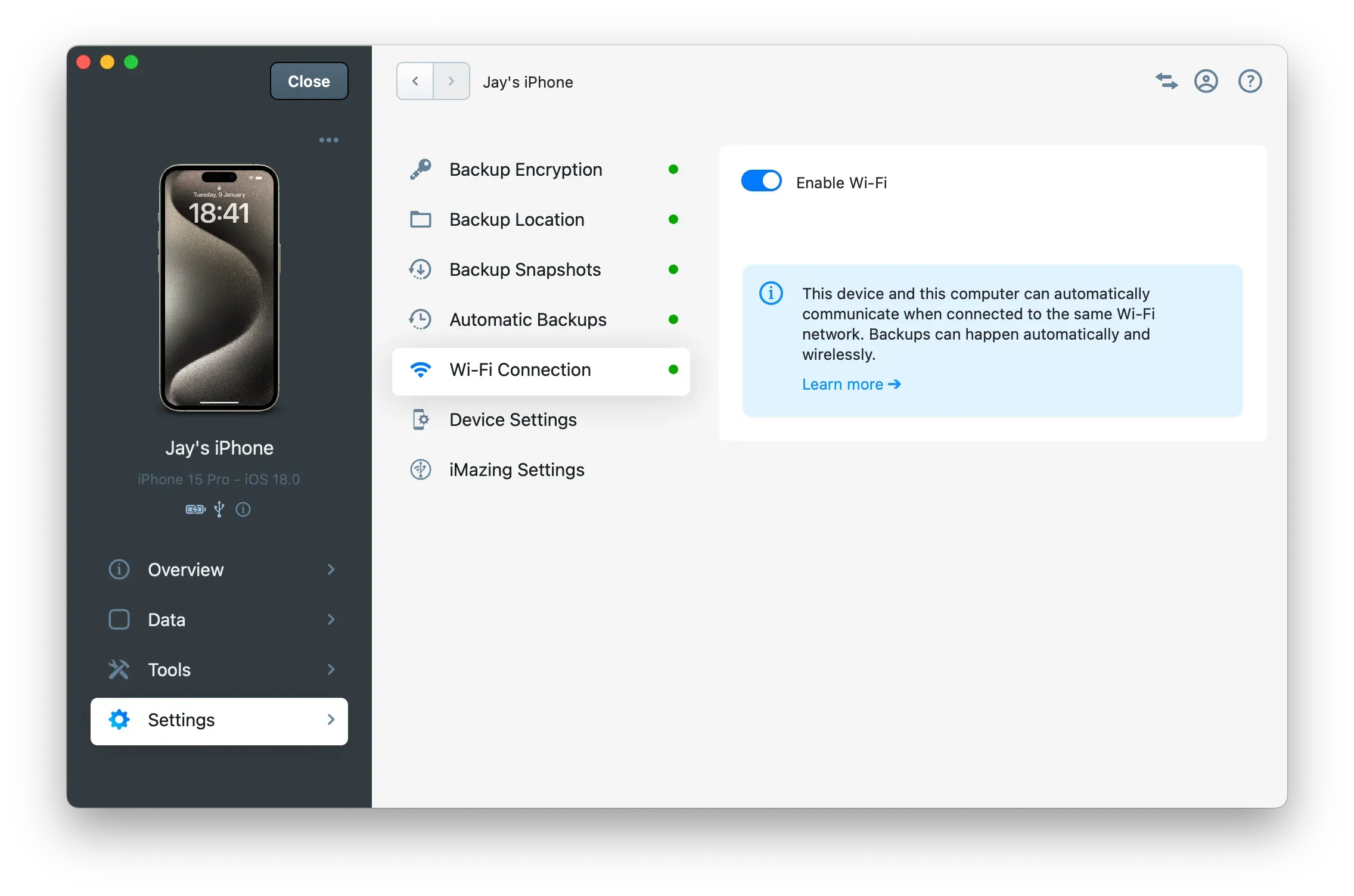 iMazing Device Settings - Wi-Fi Connection Panel