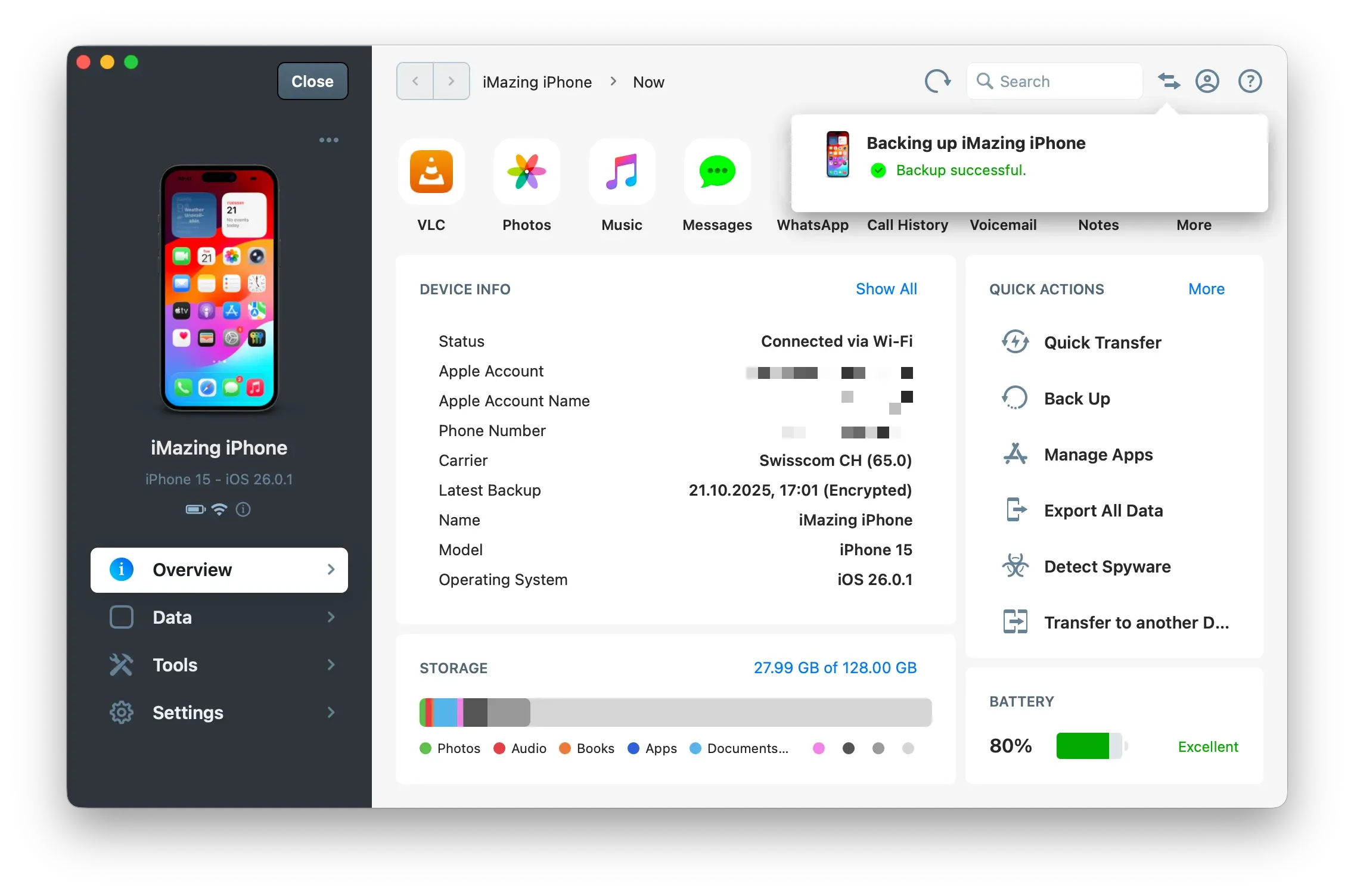 iMazing showing a notification of a successful Wi-Fi backup